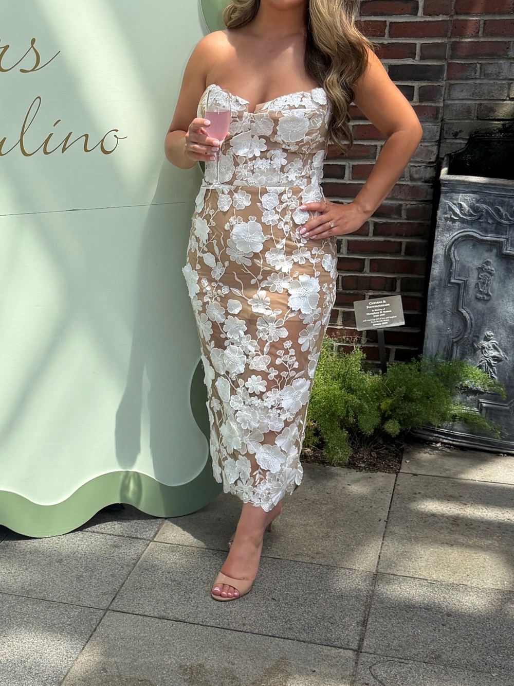 Bronx and Banco White Strapless Floral Appliqué Midi Dress on Nude Illusion